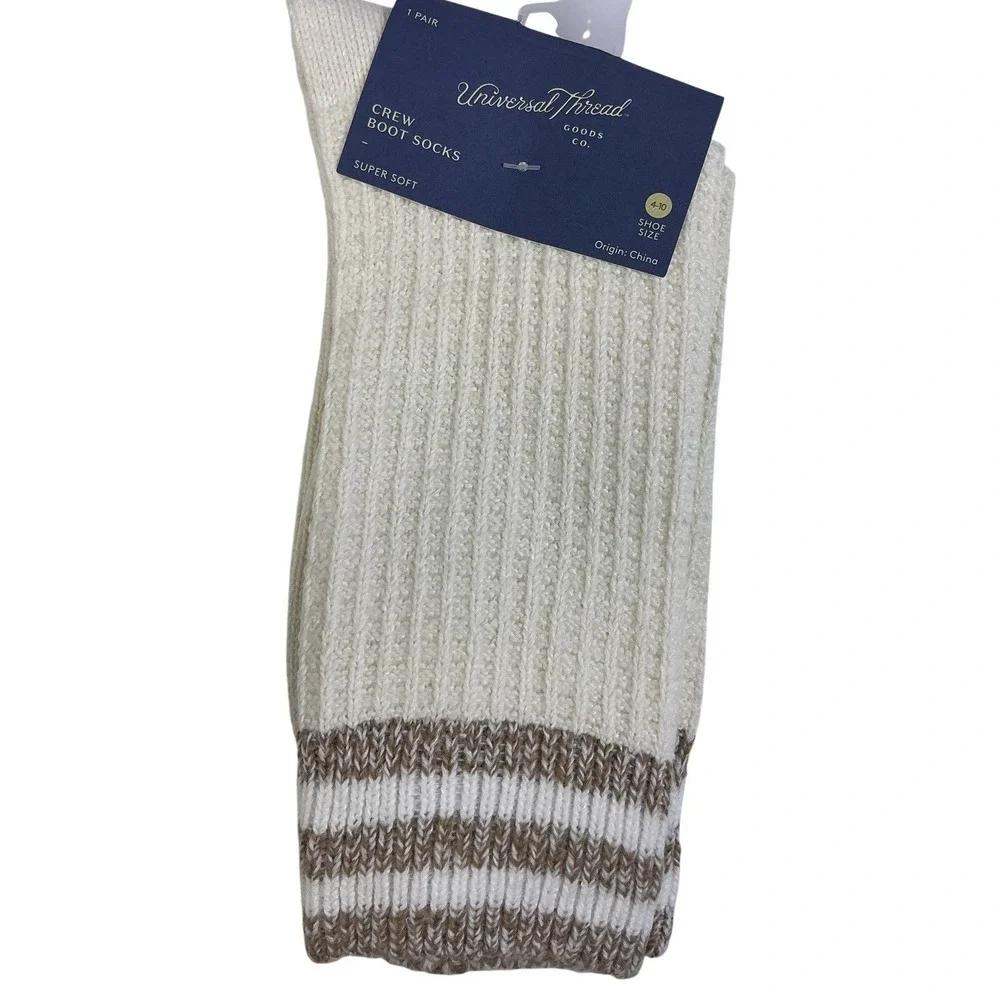 Universal Thread Crew Boot Socks Ivory Brown Stripe 2‎ Pair Size 4–10